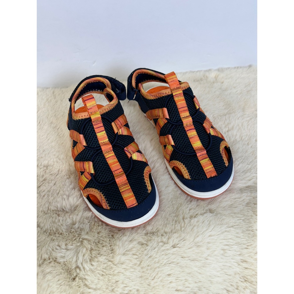 Lands End Kids Water Sandals Navy Orange Striped Mesh Closed Toe 11M 528287